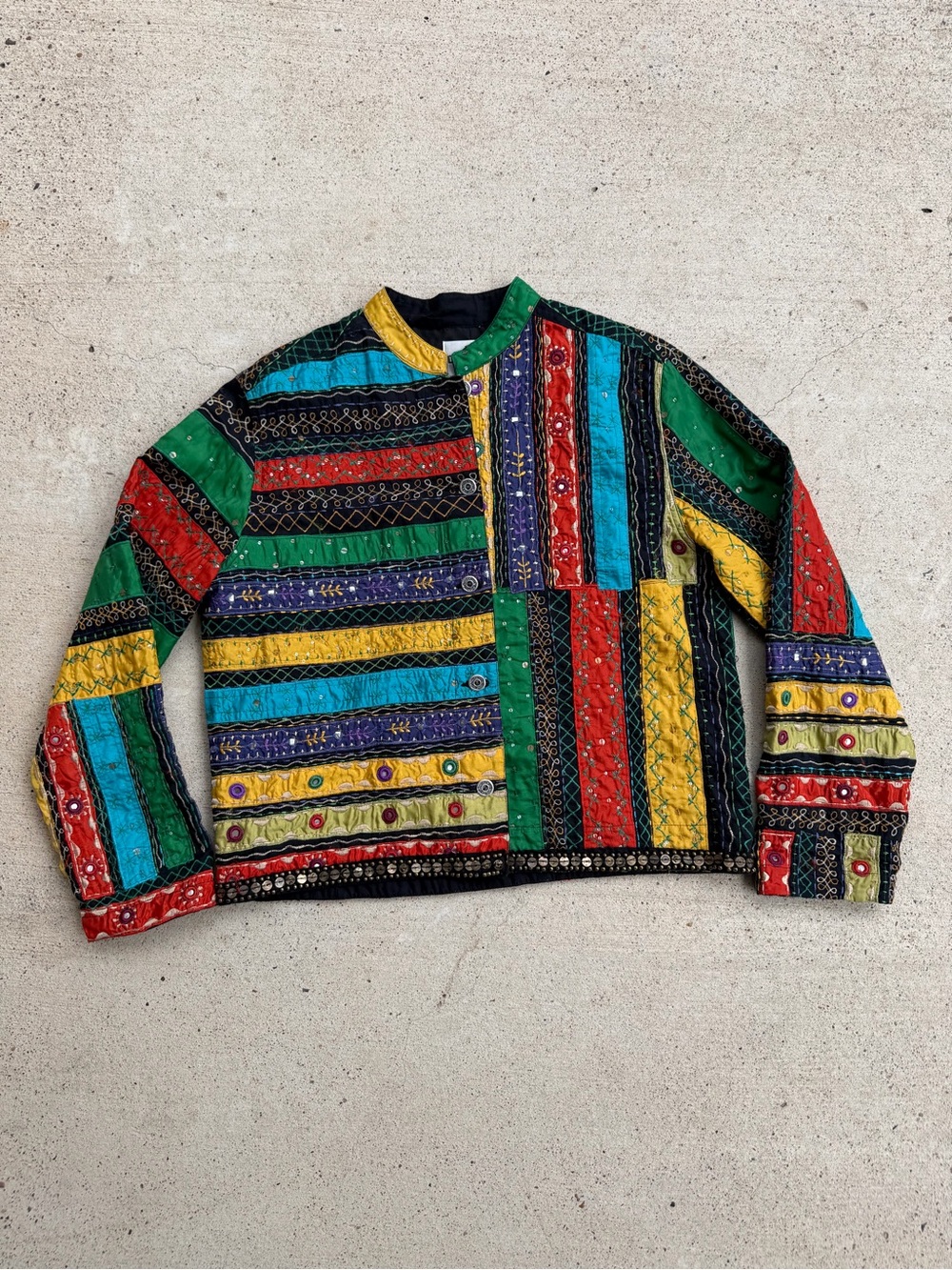 Chicos Boho Patchwork Embroidered Mirror Sequin Jacket Art Blazer Sz 1